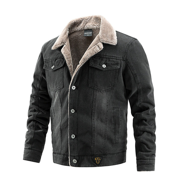 Męski Solidny Denim Trucker Kurtka z Sherpa Podszewka i Teddy Kołnierz