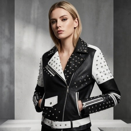 Damska Studded Contrasting Biker kurtka z Waist paskiem Lumaza