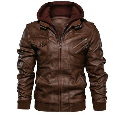 Męski imitacja skóry flight kurtka z integrated kaptur layer, zippered kieszeń na piersi, i prążkowane mankiety