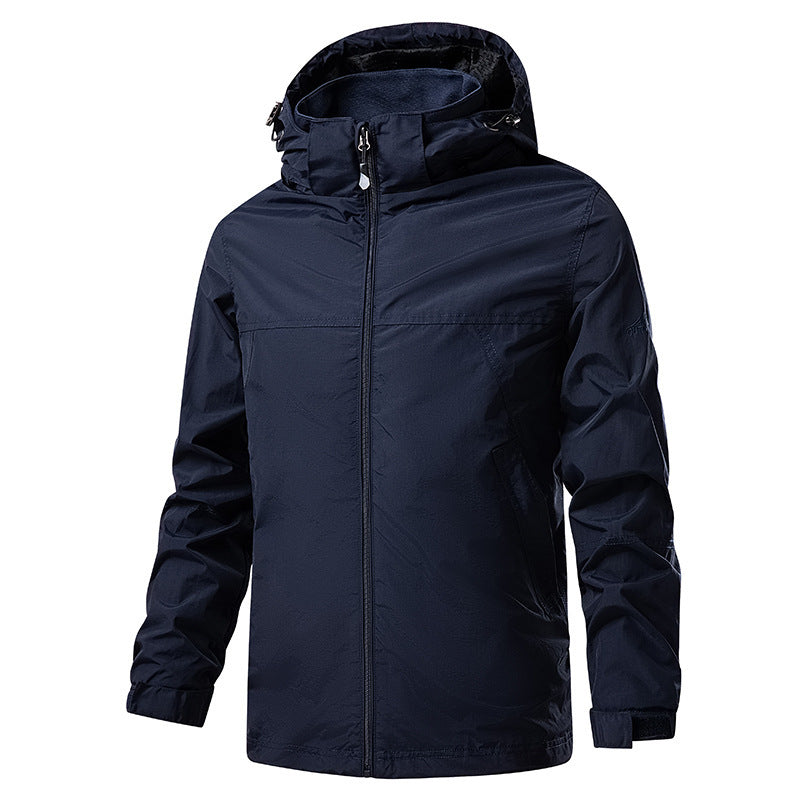 Męski lekki packable rain i wiatr kurtka z regulowany kaptur i microfleece kołnierz