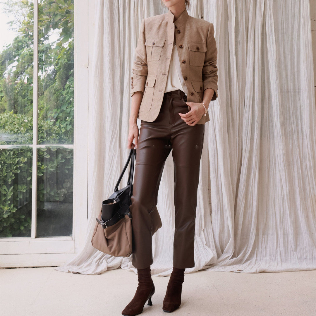 Damska elegancka Linen kurtka z Waist paskiem Drune
