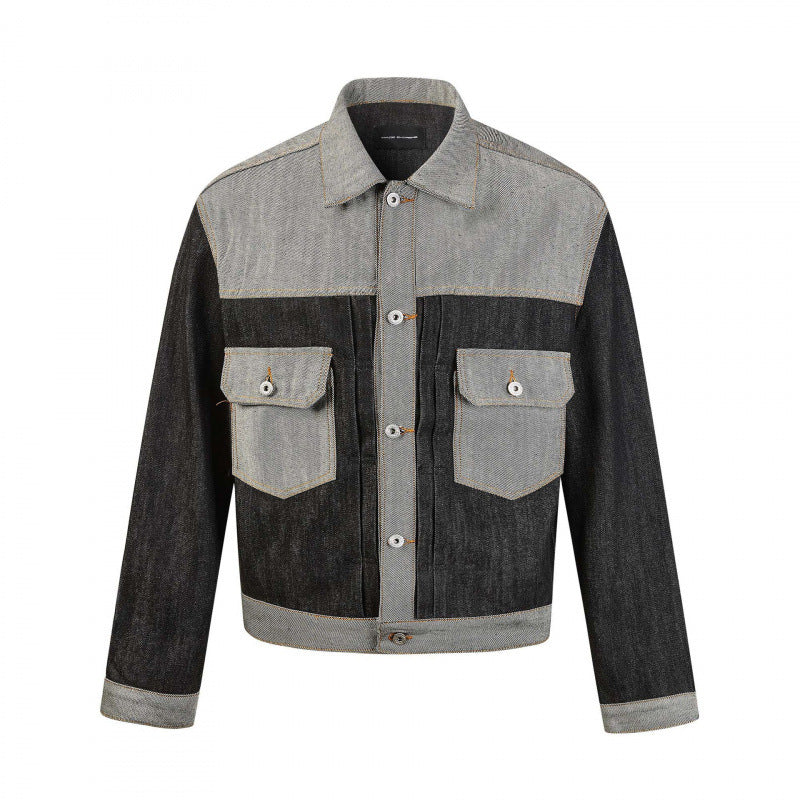 Męska krótsza patchwork denim kurtka z kieszeniami z patkami i constructive seam guidance