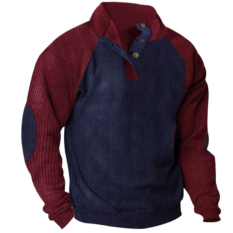 Męska Strukturalny Raglanowy Henley Pulower z Stójka, Elbow Patches &amp; Listwa guzikowa
