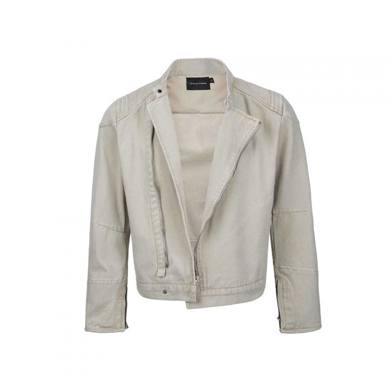 Męska Asymmetric krótka kurtka w Biker styl z stójką i Diagonal Metal zamkiem