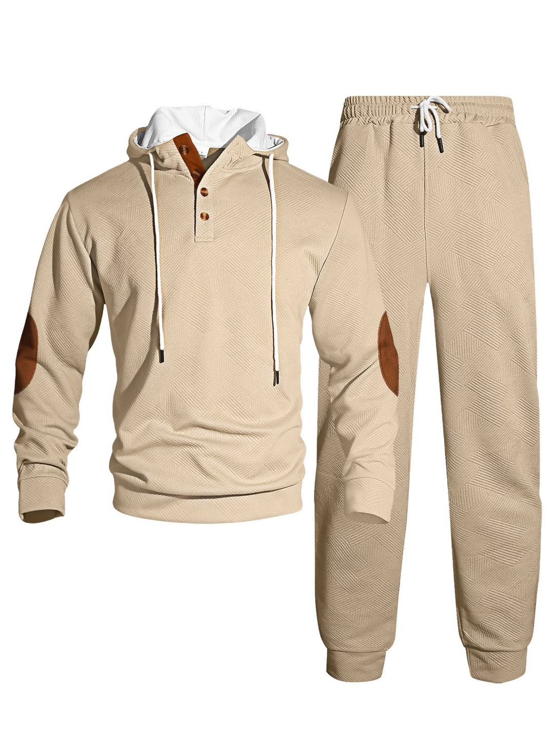 Męska waffle structure Henley bluza z kapturem set z wooden Listwa guzikowa elbow patches i tapered joggery