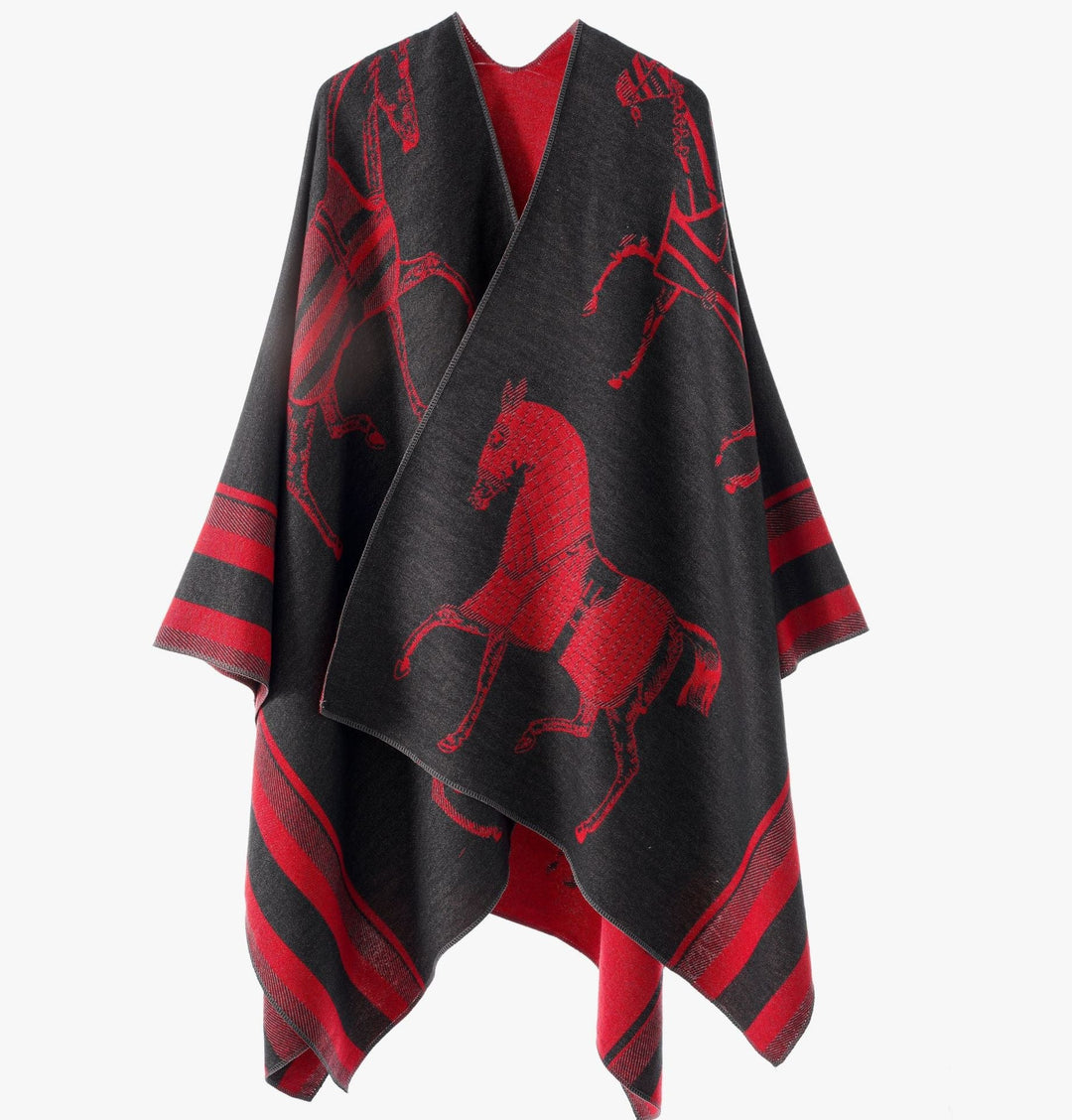 Damskie Jacquard Poncho Wrap z Horse Motif i Boxy Kimono Sylwetka