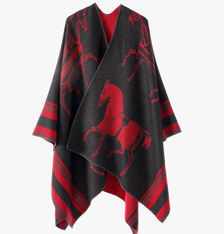 Damskie Jacquard Poncho Wrap z Horse Motif i Boxy Kimono Sylwetka
