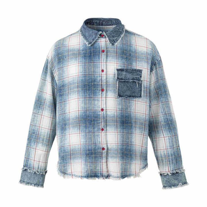 Damska Oversize W kratę Kurtka koszulowa z Denim Applications i Postrzępiony Krawędzie