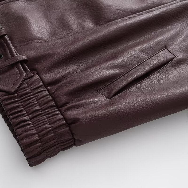 Damska Oversize Imitacja skóry Biker Kurtka z Asymmetrical Zamek, Pasek i Elastyczny Talia