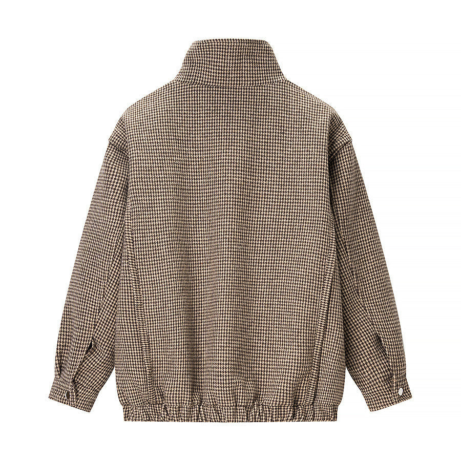 Damska krótka oversize Transitional kurtka in Houndstooth Pattern z ze stójką i Elastic dołem Lumaza