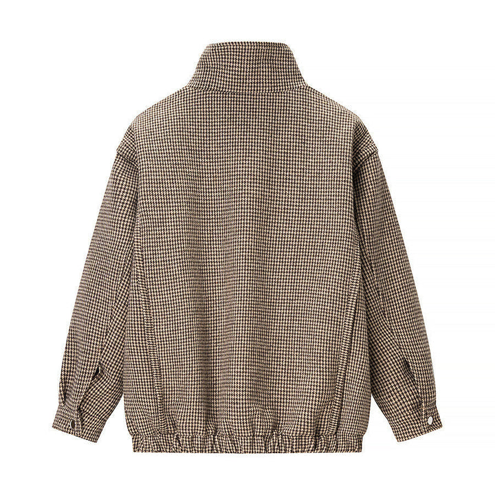 Damska krótka oversize Transitional kurtka in Houndstooth Pattern z ze stójką i Elastic dołem Lumaza