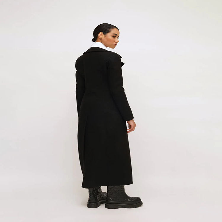 Damska elegancka Floor-Length mieszanka wełny długa płaszcz in Clean-Cut podwójna dwurzędna z Textured na ramiona Part Lumaza