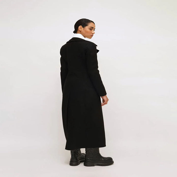 Damska elegancka Floor-Length mieszanka wełny długa płaszcz in Clean-Cut podwójna dwurzędna z Textured na ramiona Part Lumaza