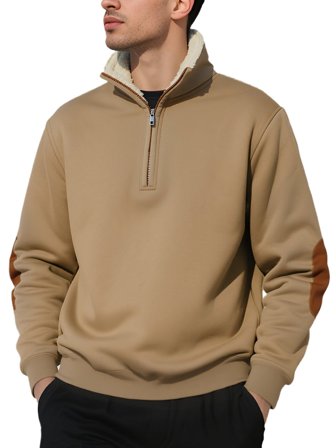 Męska nano Lekka krótki zamek bluza z sherpa lined Stójka i imitacja skóry elbow patch