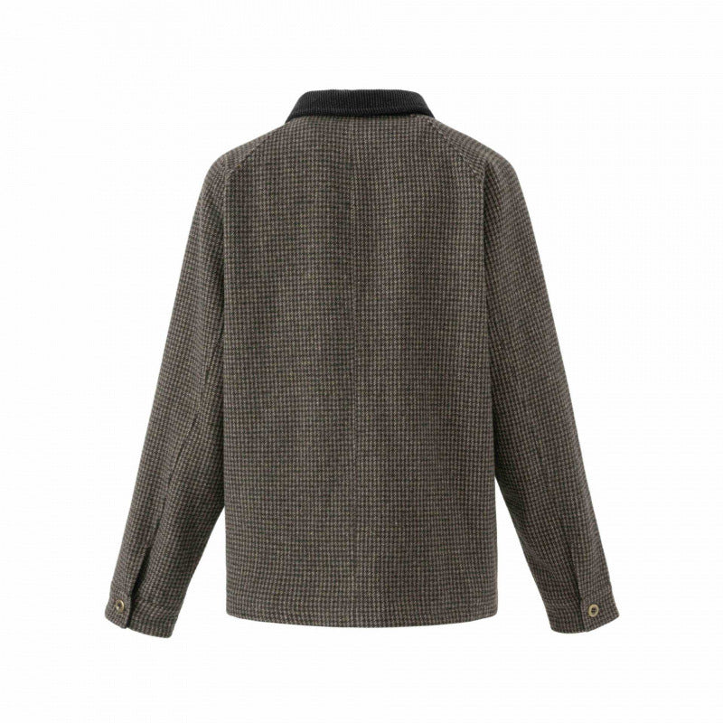 Męska Double-Breasted wełna Mix field kurtka w Houndstooth z Corduroy kołnierzem i kieszeniami z patkami