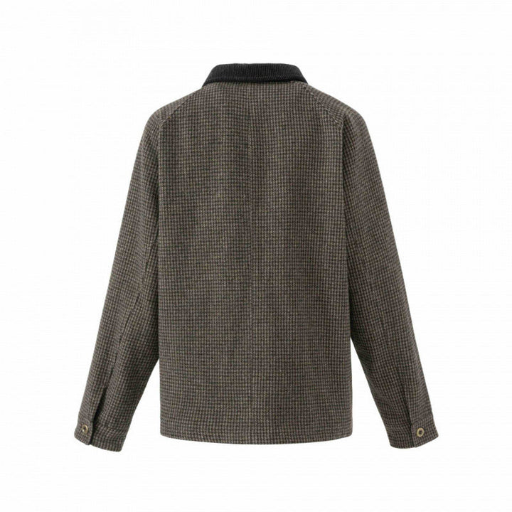 Męska Double-Breasted wełna Mix field kurtka w Houndstooth z Corduroy kołnierzem i kieszeniami z patkami