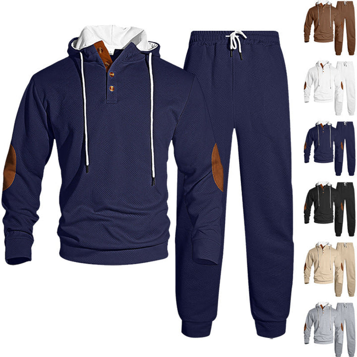 Męska waffle structure Henley bluza z kapturem set z wooden Listwa guzikowa elbow patches i tapered joggery