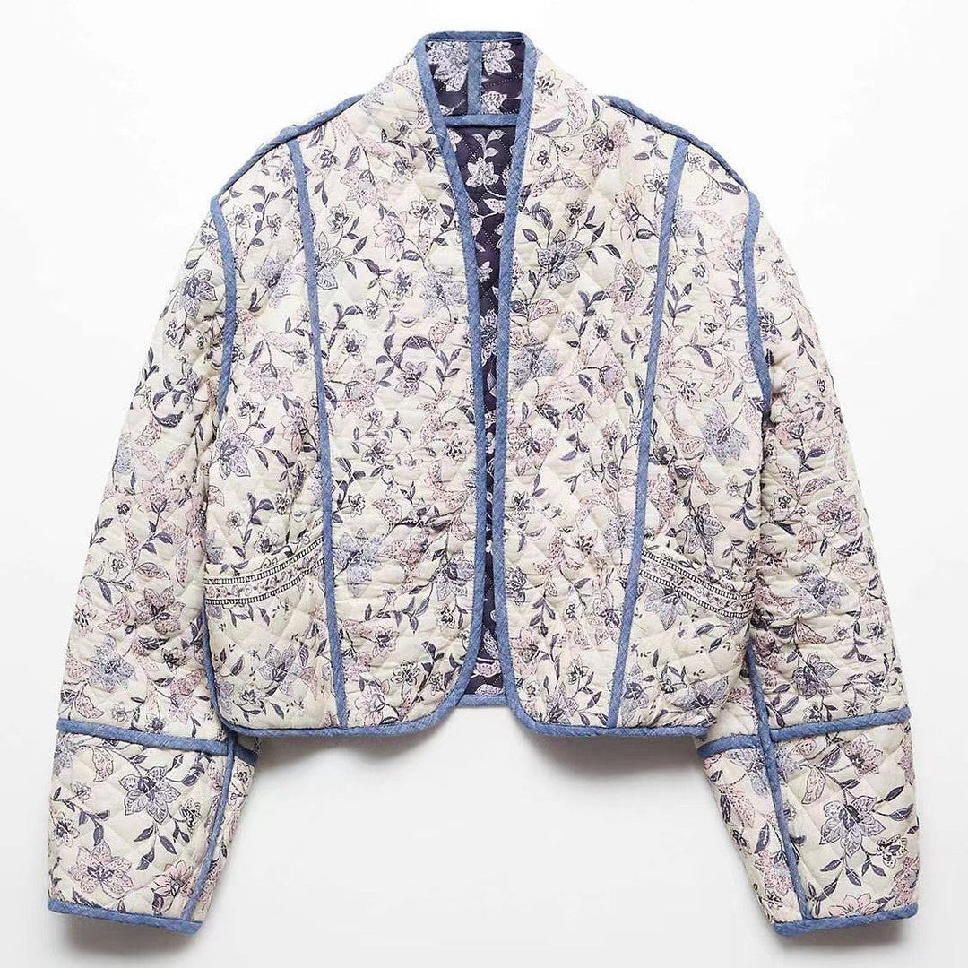 Damska krótka pikowana blouson kurtka z kwiatowa embroidery i contrasting piping Lumaza