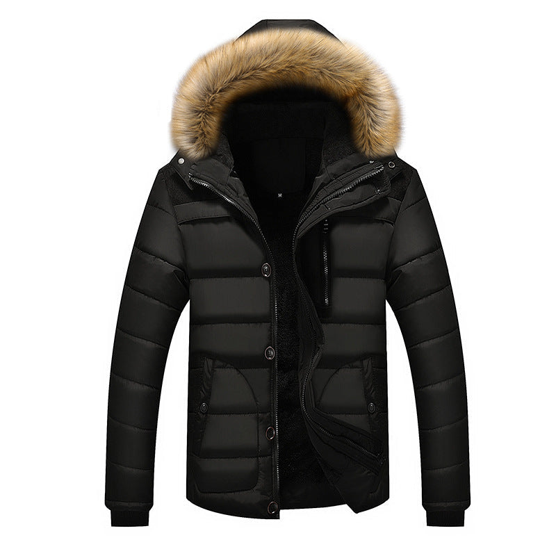 Męski termiczny pikowany parka z kaptur, imitacja futro trim i polar podszewka