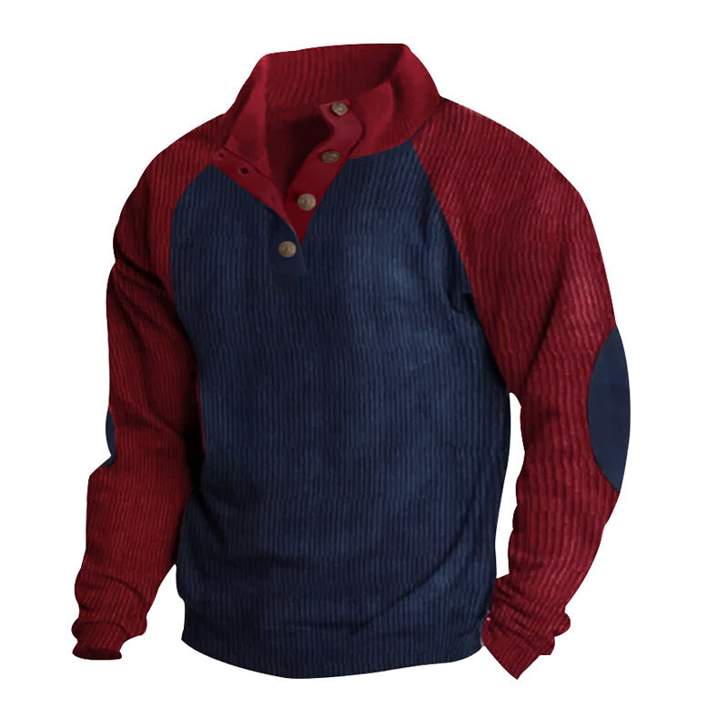 Męska Strukturalny Raglanowy Henley Pulower z Stójka, Elbow Patches &amp; Listwa guzikowa