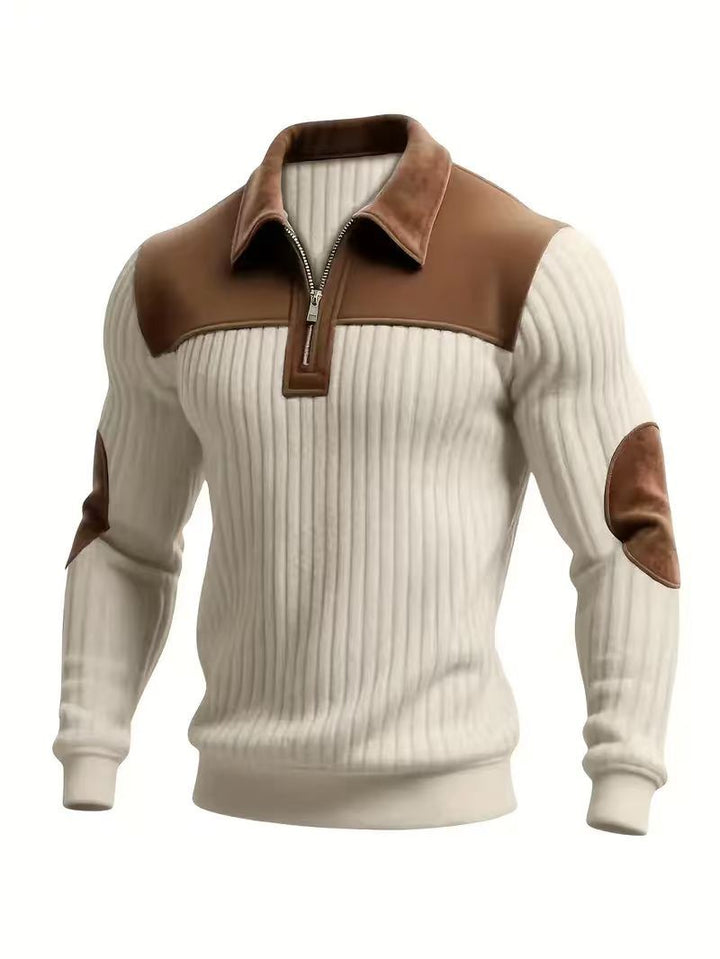 Męska prążkowany krótki zamek pulower z contrasting skóra appliqués na shoulders i elbows