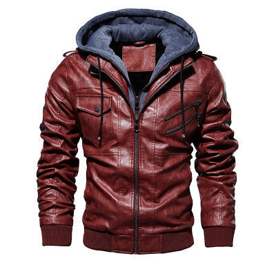 Męski imitacja skóry flight kurtka z integrated kaptur layer, zippered kieszeń na piersi, i prążkowane mankiety