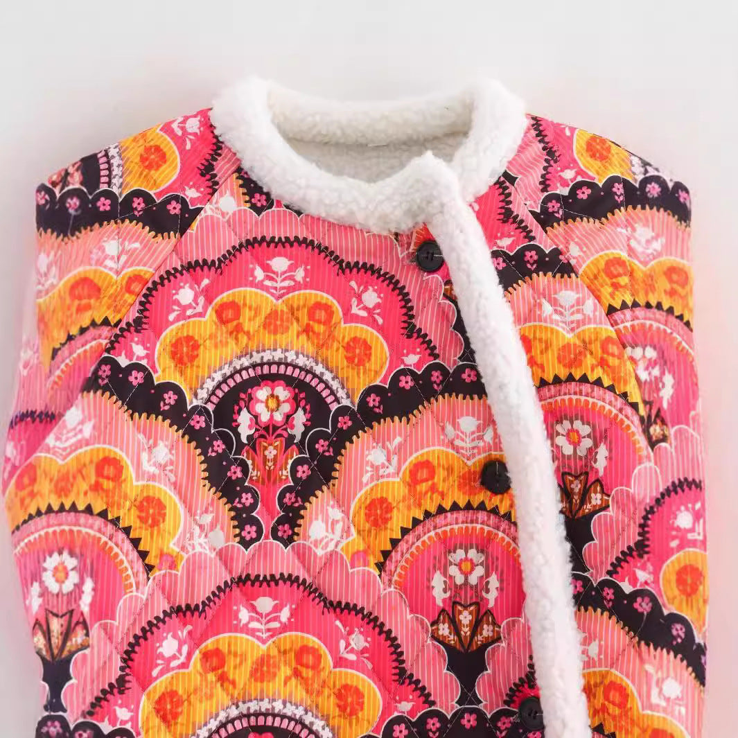 Damska pikowana kurtka z teddy lining i retro-inspired allover print Lumaza