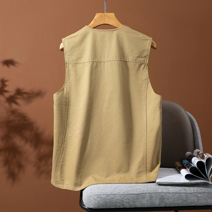 Męski Bez rękawów Utility Płótno Kamizelka z V-Neck, Guzik Placket, i Naszywane kieszenie