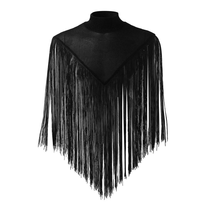 Damska długa z frędzlami cape z turtleneck i V-shaped wpuszczany