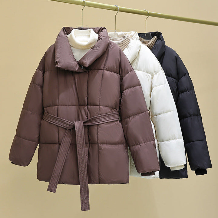 Damska pikowana winter kurtka z waist paskiem, ze stójką, i ribbed cuffs Lumaza