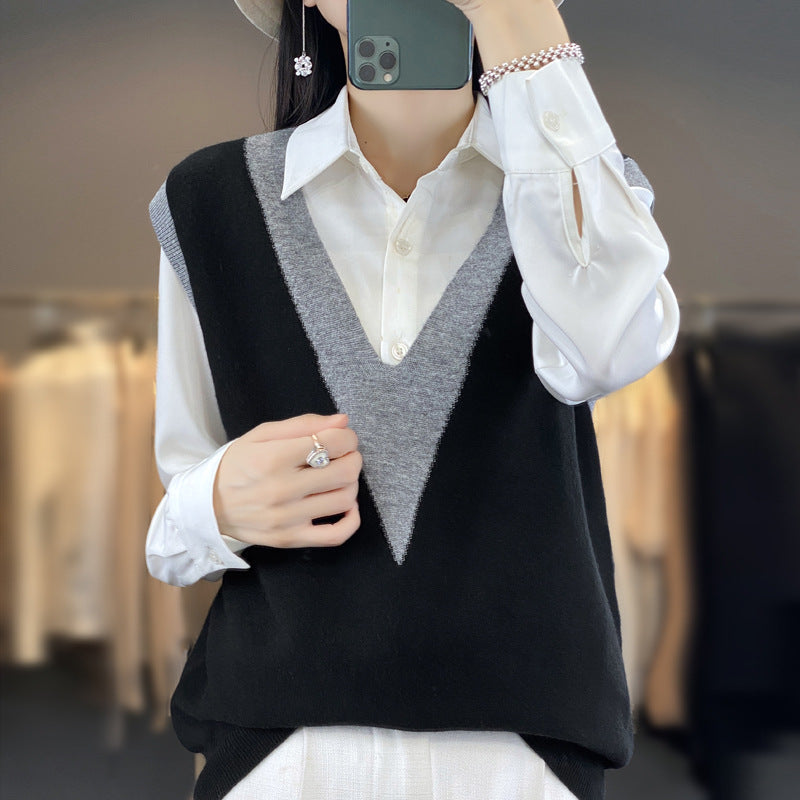 Damska Structured Fine dzianinowa długa kamizelka z Deep V-Neck i Contrasting V-Panel Lumaza