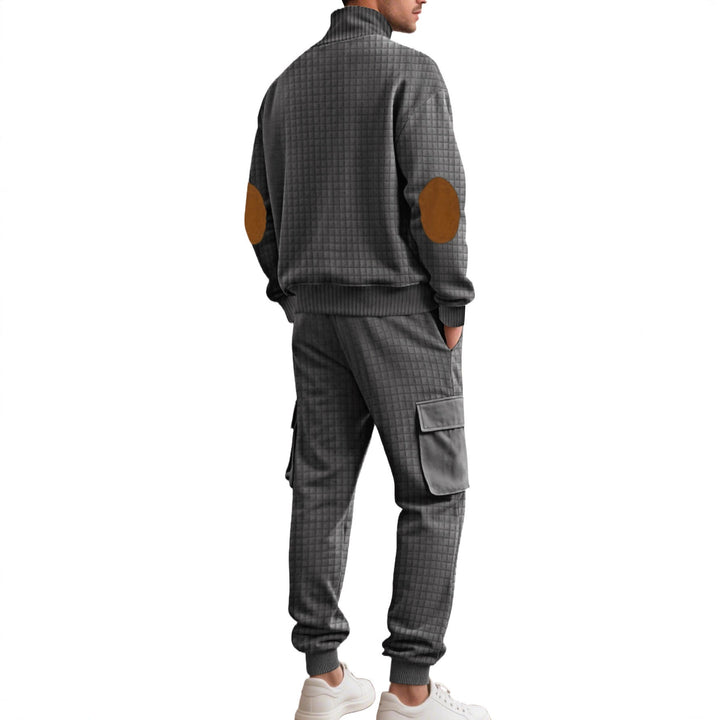 Męska kratka relief sweat set z stójka Listwa guzikowa, welur elbow patches i cargo jogger