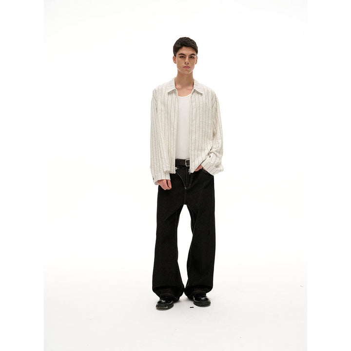 Unisex Lekka Striped Overshirt Kurtka z Kołnierz koszulowy i Ukryty Zamek