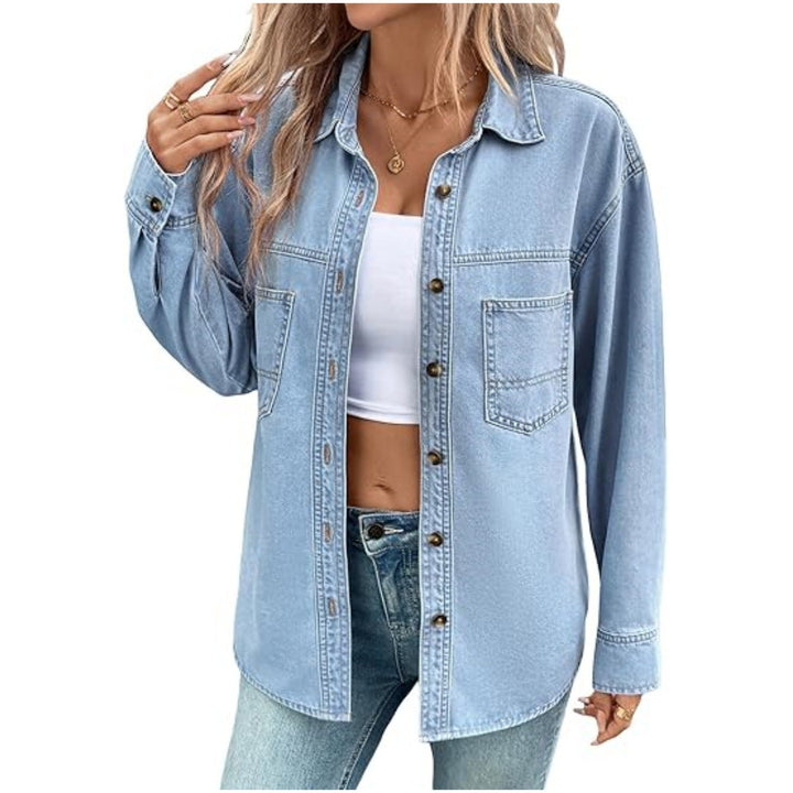 Damska oversize denimowa koszulowa kurtka in Washed Look z Chest kieszeniami i Full guzikami listwą Lumaza