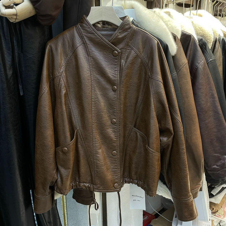 Damska krótka Leather kurtka z textured grain, ze stójką, i ściągaczem pasem Lumaza