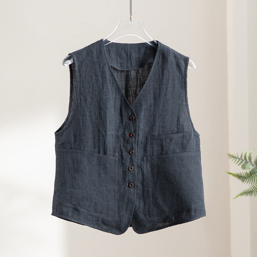 Damska linen kamizelka z V-neck, z naszywanymi kieszeniami, i relaxed krój Lumaza