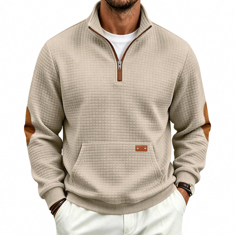 Męska Stójka krótki zamek bluza z checkered relief tekstura i imitacja skóry elbow patches