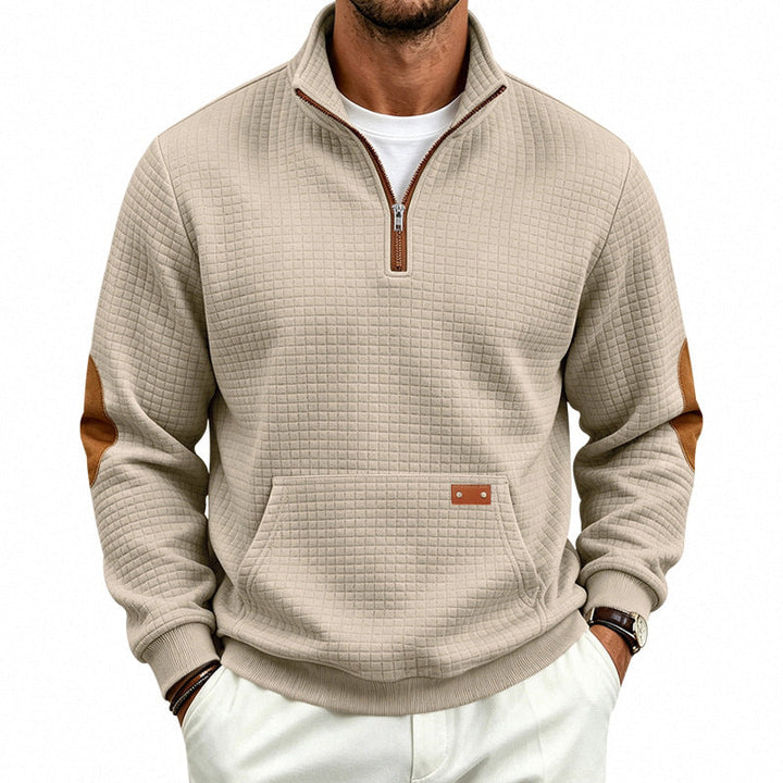 Męska Stójka krótki zamek bluza z checkered relief tekstura i imitacja skóry elbow patches