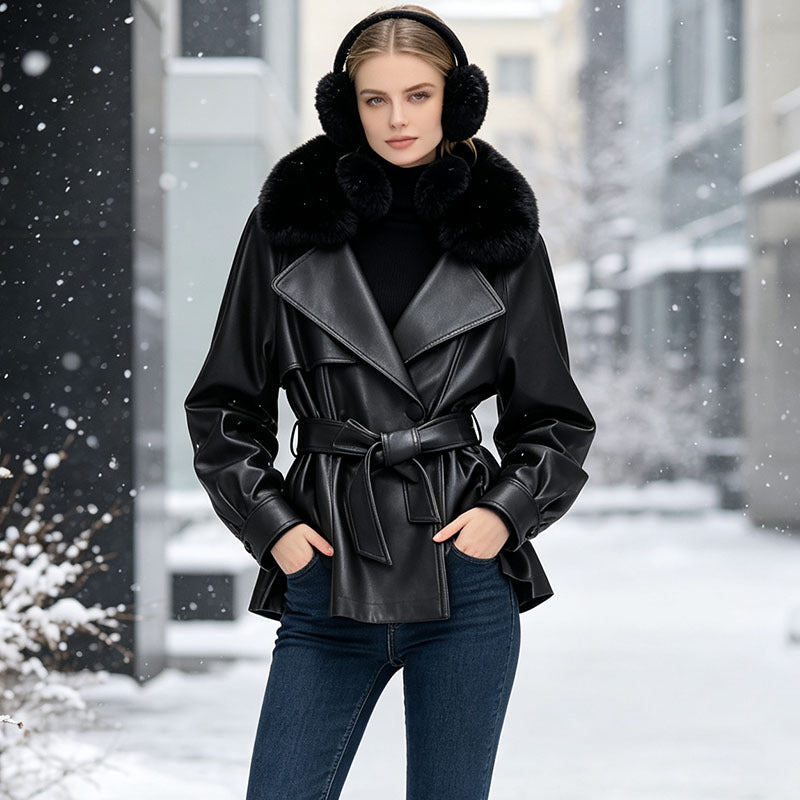 Damska krótka płaszcz made of imitacja skóry z removable faux fur kołnierzem i waist paskiem Lumaza