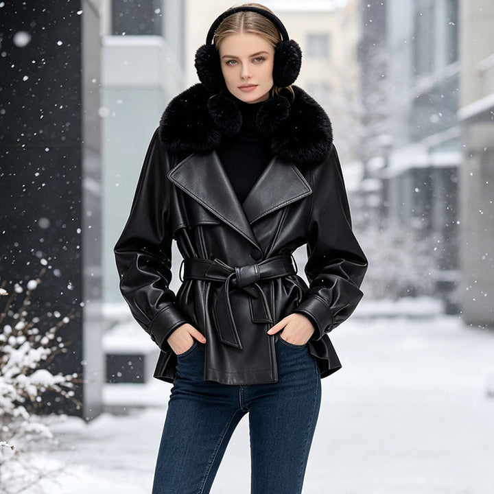 Damska krótka płaszcz made of imitacja skóry z removable faux fur kołnierzem i waist paskiem Lumaza