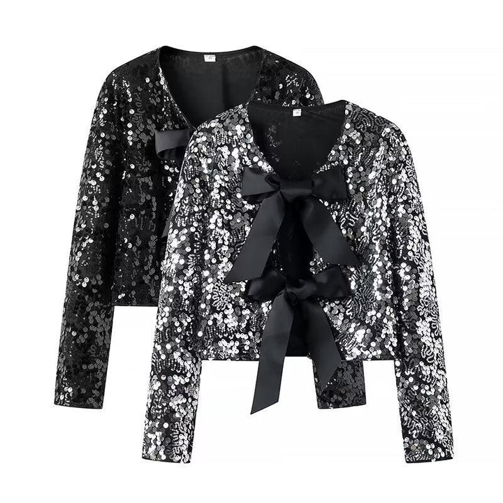 Damska krótka Sequin Bolero kurtka z Triple satynowa Bows i Lined Interior Lumaza