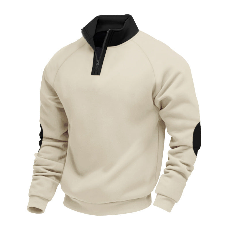 Męska krótki zamek polar pulower z Wysoka stójka i contrasting elbow patches