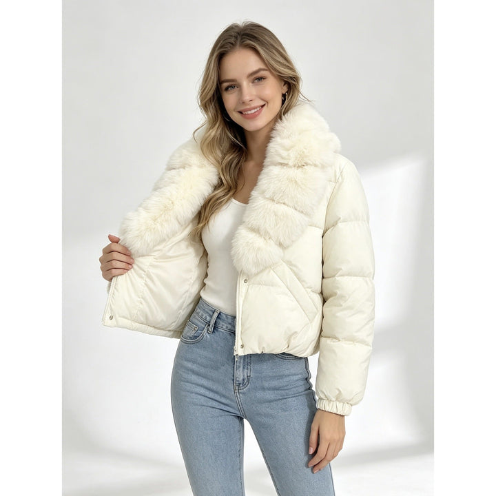 Damska krótka ocieplana kurtka z extra voluminous faux fur shawl kołnierzem i elastic cuffs Lumaza