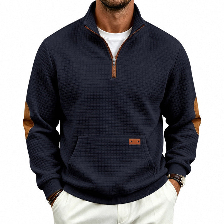 Męska Stójka krótki zamek bluza z checkered relief tekstura i imitacja skóry elbow patches