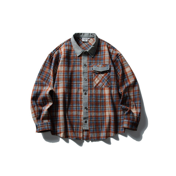 Męska swobodny-Fit krata Flannel kurtka koszulowa z Cord Trim