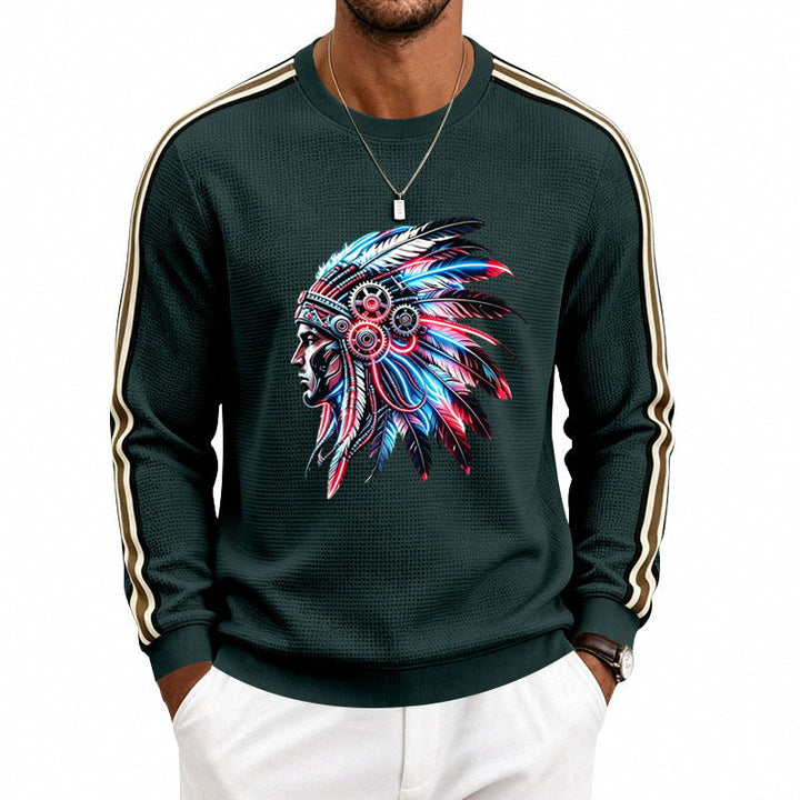Męska bluza z feather headpiece print, waffle structure i contrasting shoulder stripes
