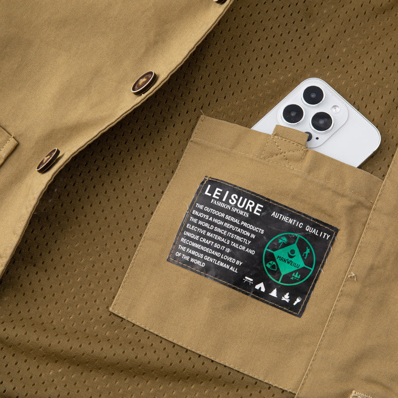 Męski Bez rękawów Utility Płótno Kamizelka z V-Neck, Guzik Placket, i Naszywane kieszenie