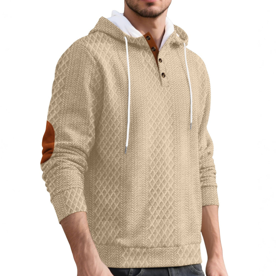 Męska nan diamond structure bluza z kapturem z krótka Listwa guzikowa, pikowana kaptur wewnętrzny edge, i zamsz elbow patch