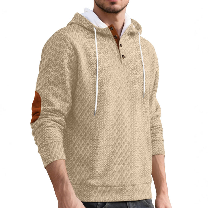 Męska nan diamond structure bluza z kapturem z krótka Listwa guzikowa, pikowana kaptur wewnętrzny edge, i zamsz elbow patch