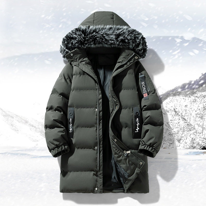 Męska longer pikowana parka z kapturem i imitacja fur trim